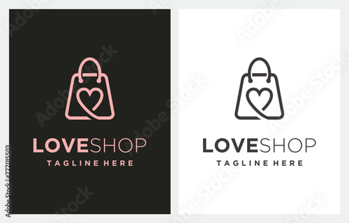 Love Shop Bag Heart Pink Line Art logo design vector icon