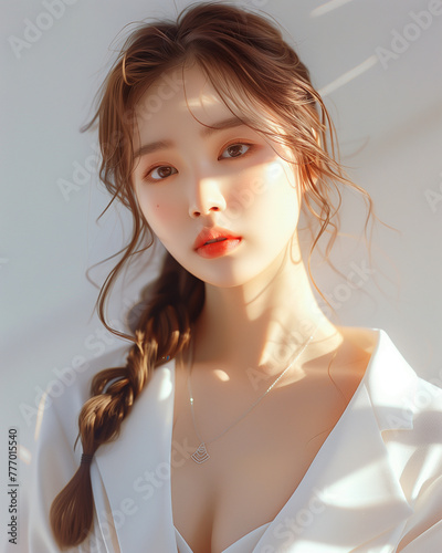 Portrait  beautiful Korean girl natural light glowing skin, For Advertising Cosmetic, high quality detail, AI Generative image