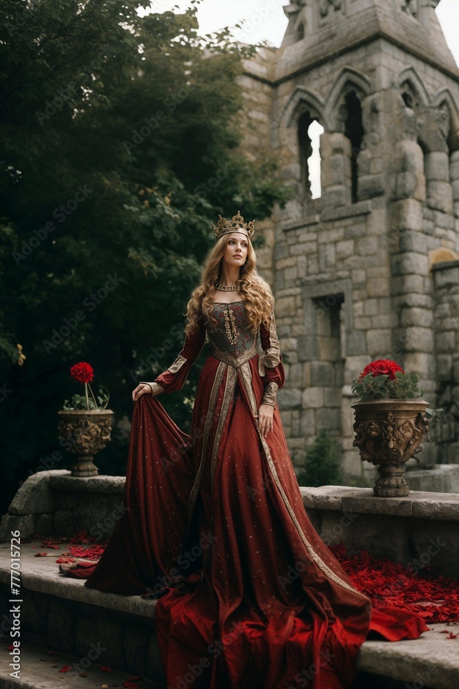 Queen in red gown at an ancient castle