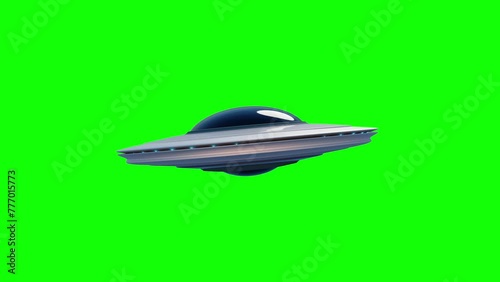 UFO Flying Saucer in Sky and isolated on Green Screen Chromakey background for keying and Purple color. Looped animation footage of Rotating Starship in 4K, Alpha mask channel included. 