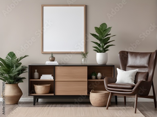 Mockup frame on the wall of minimal living room  interior mockup with house background  frame mockup