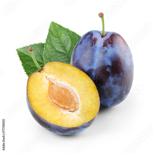 Plum with half and leaves