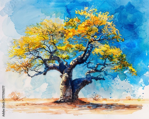 Watercolor a baobab tree, on an energetic background enhancing the trees unique form, summerthemed photo