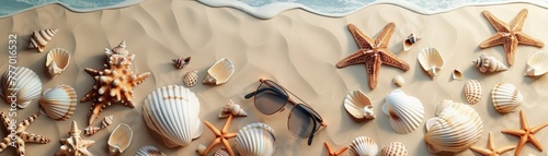 Sandy beach texture with seashells, starfish, and a pair of sunglasses, 3D render clay style , summer background, top view, copy space, studio shooting