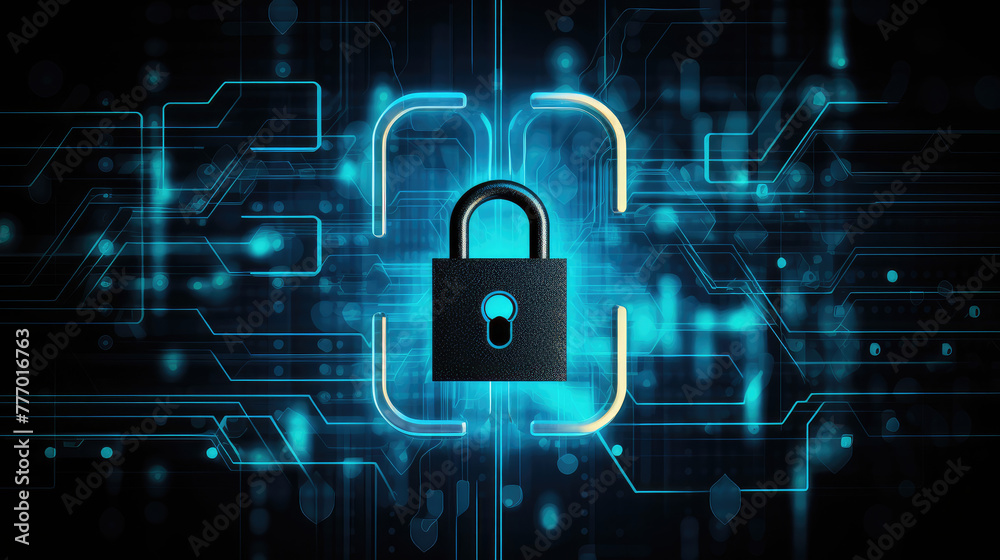 Cyber security, data, connection and personal information privacy concept with neon glow digital blue shield icon in microcircuit board circle, abstract dark background poster. 3D rendering, science. Cyber security, data, connection and personal information privacy concept with neon glow digital blue shield icon in microcircuit board circle, abstract dark background poster. 3D rendering, science.