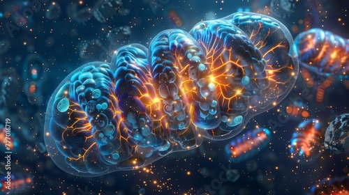 A 3D reconstruction of a mitochondrion highlighting its dynamic structure and its role as the birthplace of cellular energy. The different © Justlight