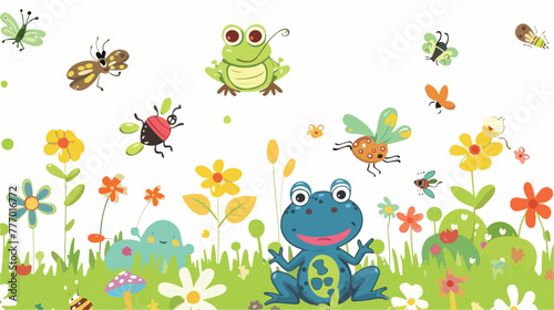 Funny cartoon scene with frog and funny bugs insects