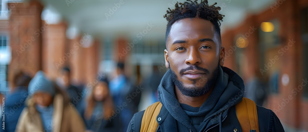 A portrait of a black man on a college campus with students in the background. Concept Outdoor Photoshoot, College Campus, Portrait, Students, Diversity - obrazy, fototapety, plakaty 