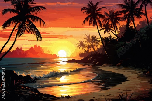 A  beach scene at sunset with palm trees  AI generated