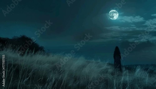 landscape a woman stands on the edge of a swamp at night and looks at the moonlight photo