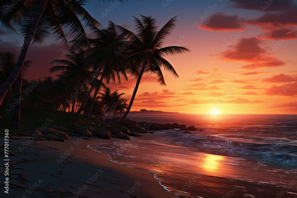 A  beach scene at sunset with palm trees, AI generated