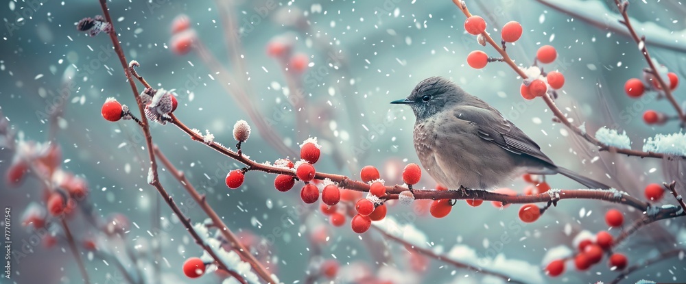 Winter's Wings A Bird's Journey Amidst Snowy Berries Generative AI