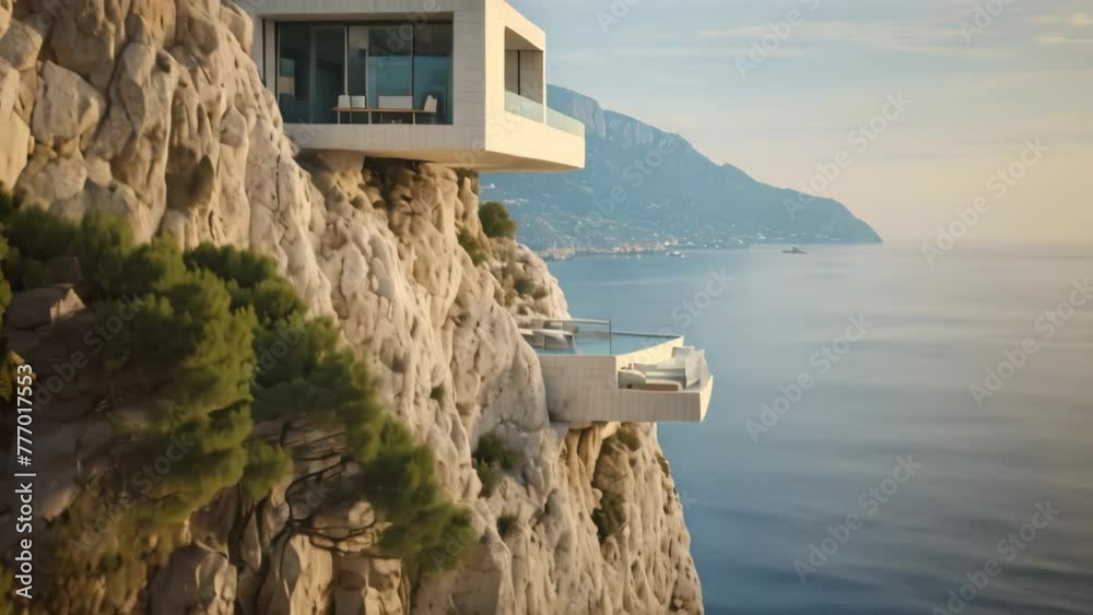 This picturesque house sits on a cliff, offering an awe-inspiring view of the ocean below, A steep cliffside dwelling in the Mediterranean, AI Generated