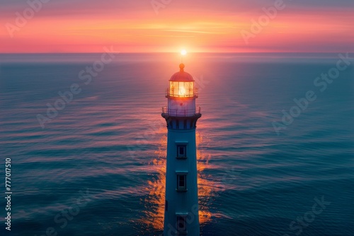 Lighthouse illuminating the sea for passing ships, artistically composed to highlight the beacon of hope and guidance it offers to mariners. photo