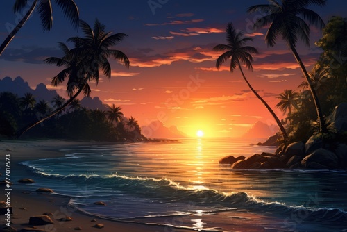 A  beach scene at sunset with palm trees, AI generated