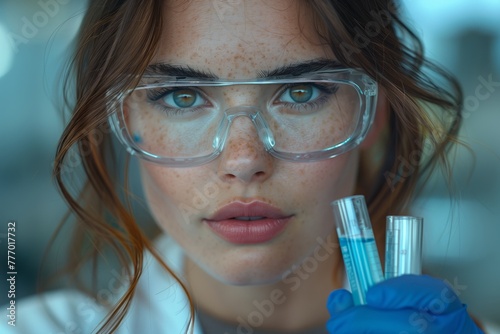 A woman with glasses and goggles is holding test tubes. Her mouth forms a smile as she performs experiments in the lab photo