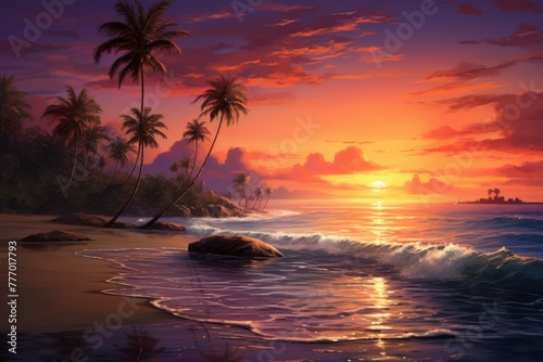 A beach scene at sunset with palm trees, AI generated