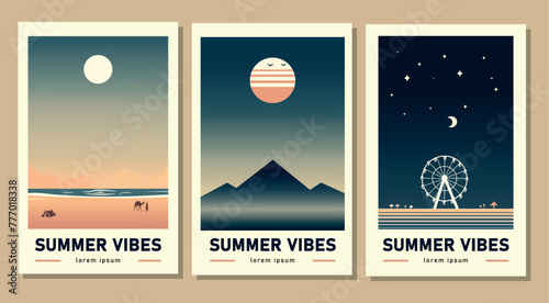 A set of abstract colorful landscape summer posters with the sun, stars, sea, mountains, river, observation wheel. Vector flat illustration, Templates for printing in the style of modern art