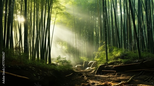 Tranquil bamboo forest in the soft light of dawn