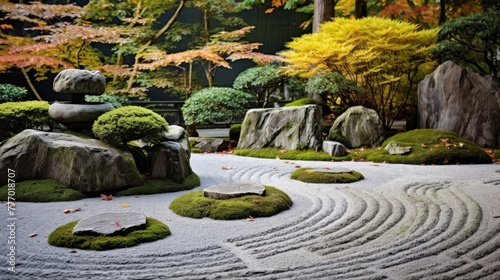 A Zen rock garden with raked sand, stones, and a bamboo fence