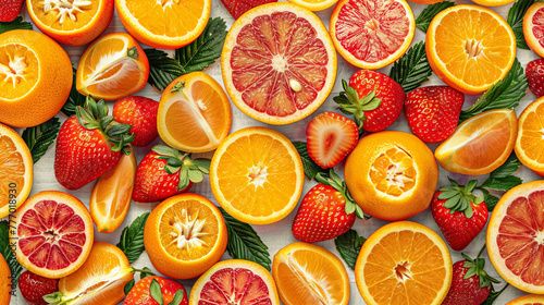 A beautifully arranged pattern of mixed orange and strawberries offers a feast for the eyes, showcasing nature's vivid palette and the fruits' natural allure.