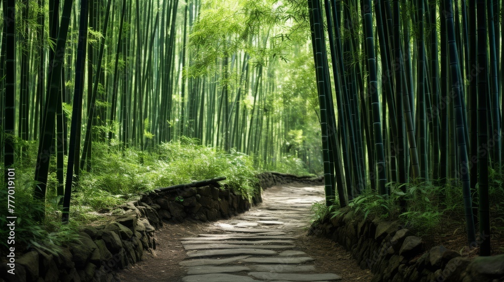 A serene and peaceful landscape of a tranquil bamboo forest with green leaves and tall stems A serene and peaceful landscape of a tranquil bamboo forest with green leaves and tall stems