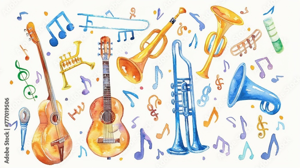 Set of watercolor musical instruments from a strumming guitar to a blowing trumpet Set of watercolor musical instruments from a strumming guitar to a blowing trumpet