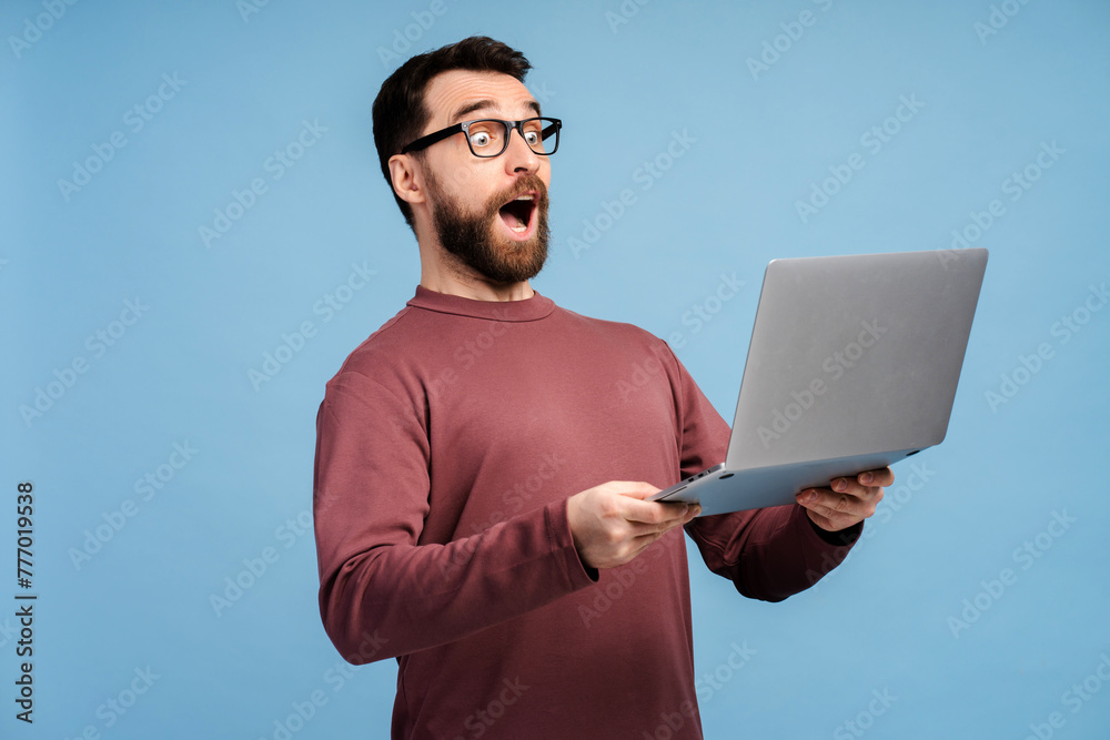 Portrait of excited man using laptop, high speed internet, connection isolated Portrait of excited man using laptop, high speed internet, connection isolated
