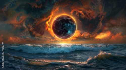 Solar eclipse illustration. Above the water.