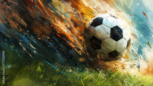 A digital image showing a soccer ball with motion blur and paint splashes, blending the sport with elements of nature
