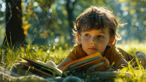 A young boy lies on the grass, engrossed in a book, with sunlight filtering through the trees.