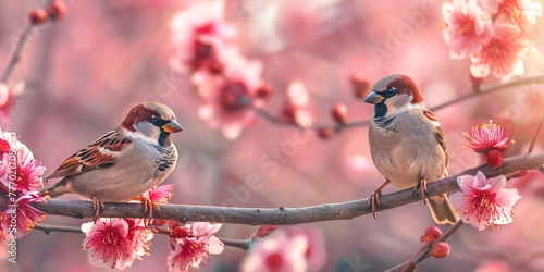 Blossoming Harmony Two Birds Perched on a Branch Amidst Pink Flowers Generative AI