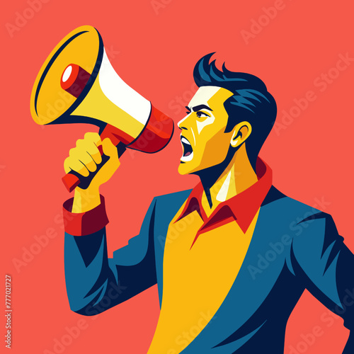 Vector illustration of a man shouting through a megaphone on a red background.