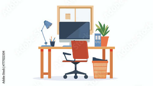 Office workplace with window and trash bin vector icon