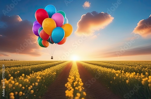 Balloons flying above the ground  sunset  sunshine  traveling.