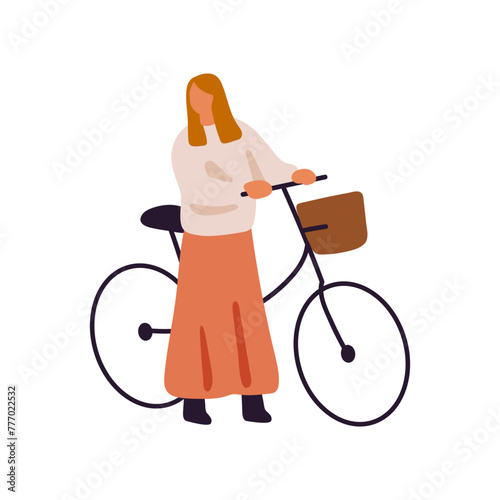 Abstract woman in long skirt cycling. Cyclist ride bicycle. Bicyclist stands, waits. Person holds bike with basket by handlebar. Active lifestyle. Flat isolated vector illustration on white background