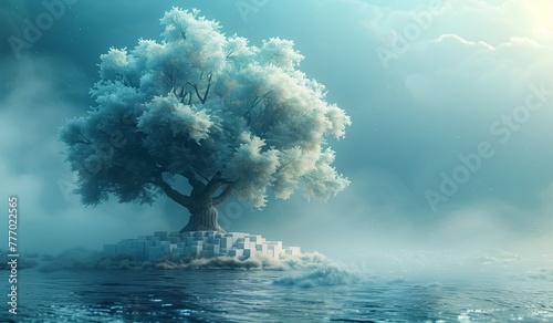 A tree stands on a small island surrounded by water in the middle of the ocean, under a clear sky. The natural landscape is peaceful and untouched by pollution photo