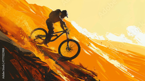 Vibrant illustration of a mountain biker aggressively navigating through a vivid, orange landscape, encapsulating the spirit of adventure