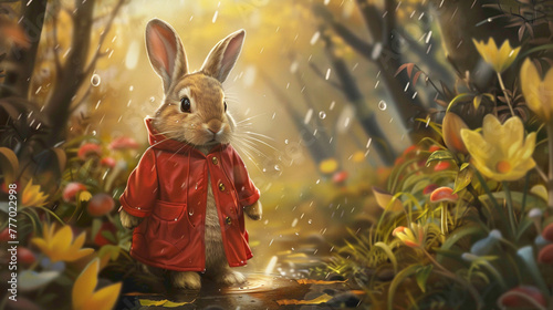 Closeup view animal, A White rabbit wear red rainy cote in rain. with beautiful background. photo