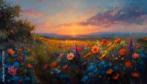 Oil painting of a meadow filled with wild flowers. Sunrise in the distance