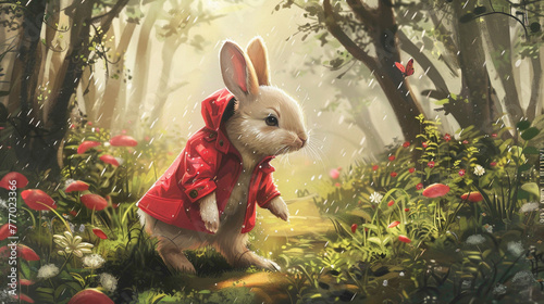 Closeup view animal, A White rabbit wear red rainy cote in rain. with beautiful background. photo
