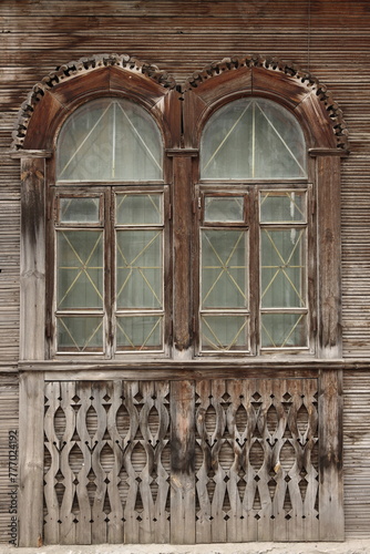 Beautiful wooden frames on the windows of an old wooden house. Vvedenskaya Street 92 Ryazan photo