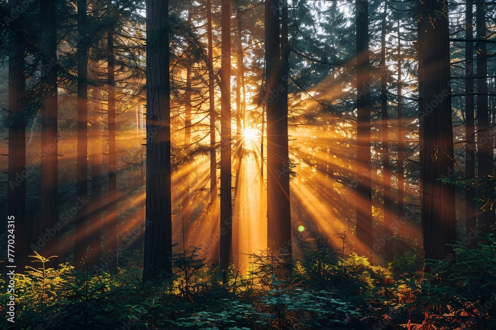 Fototapeta premium Sunbeams in a Forest A Serene and Peaceful Scene Generative AI