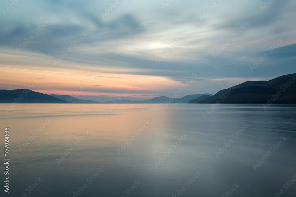 Serene lake at dusk, mountains silhouette, sky painted with soft hues of sunset colors, tranquil beauty