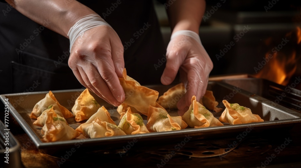 A chefs hands roll and fry samosas in a closeup shot