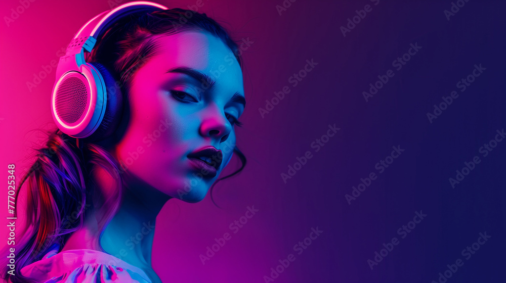 Close-up portrait of young beautiful girl wearing headphones and listening music on gradient pink purple background.