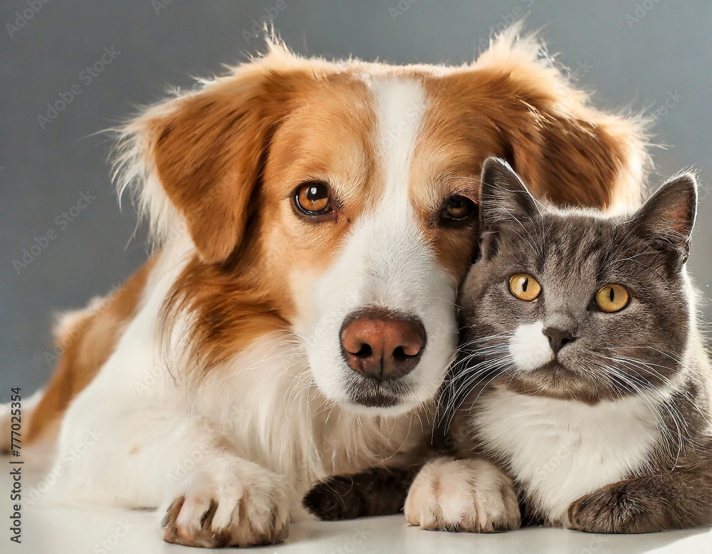 Cute dog and cat together lying on white background