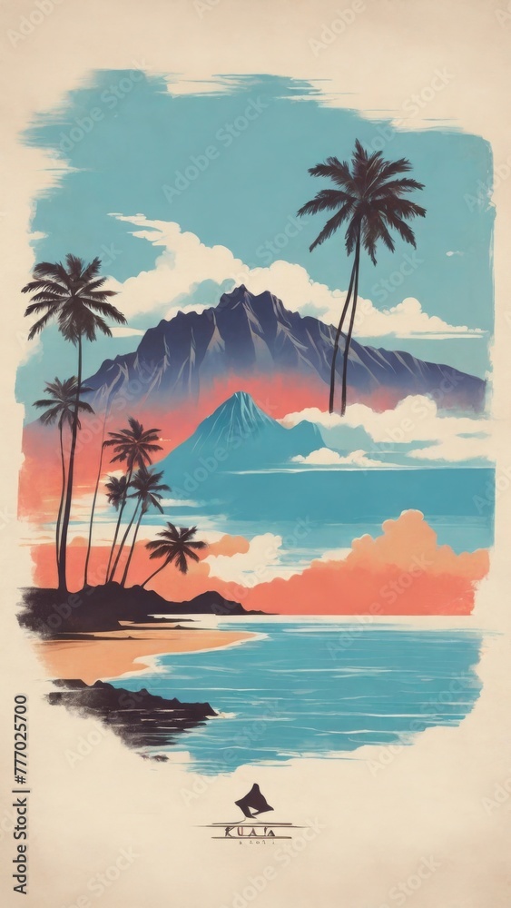 A white t-shirt featuring a serene design of palm trees against a backdrop of a golden sun, evoking a sense of tropical paradise.