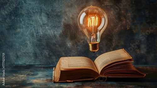 Light bulb and opened vintage book style. knowledge, and searching for new ideas.