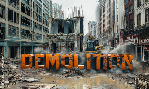 The word DEMOLITION stands bold and shattered amidst a construction site, symbolizing destruction and reconstruction within an urban landscape